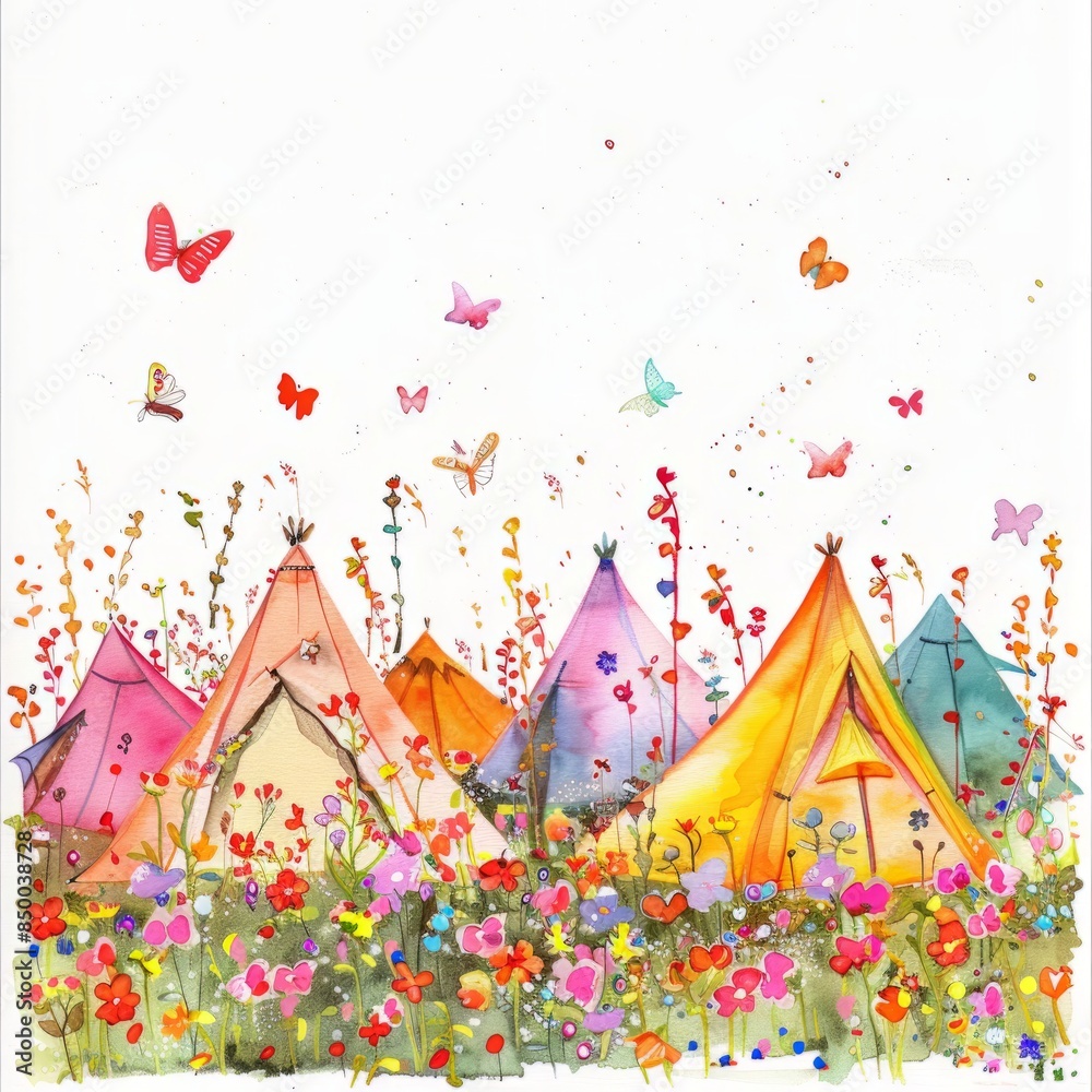 Obraz premium Watercolor painting of a campsite in a flower-filled meadow, with colorful tents scattered among the blossoms and butterflies flitting through the air, Generative AI