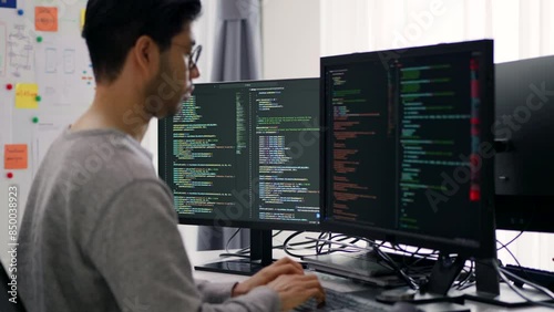 An Asian male programmer intensely focused on coding, working with multiple monitors displaying lines of code in a modern office environment.