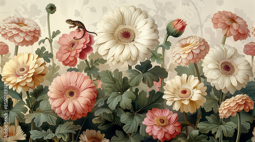 Antique Botanical Illustration of Gerbera Daisy with Detailed Flowers and Leaves in Soft Pastel Colors, Featuring Small Images of Lizards and Birds on a White Background