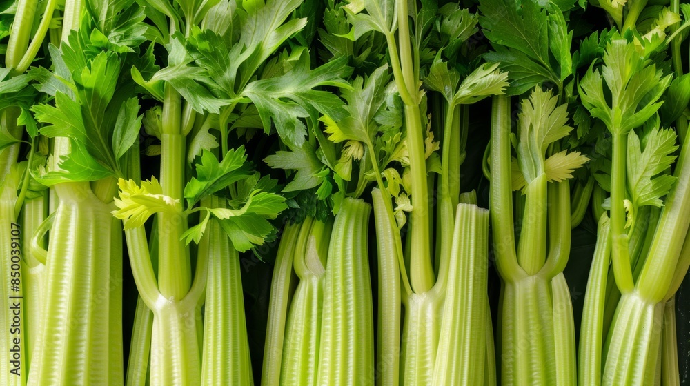 Fresh, crisp celery stalks with leafy greens, arranged in a vertical pattern. Perfect for healthy eating and dietary inspiration. Fresh, crisp celery stalks with leafy greens, arranged in a vertical pattern. Perfect for healthy eating and dietary inspiration.