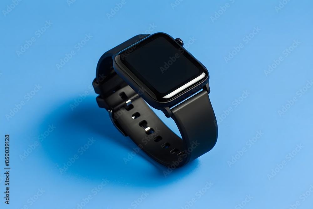 Minimalist black smartwatch on blue background, simple flat lay composition for product presentation with copy space. Minimalist black smartwatch on blue background, simple flat lay composition for product presentation with copy space.