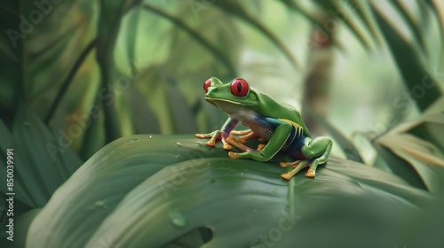 Selective focus of green red eyed tree frog sitting on green leaf of exotic plant growing in forest in wild nature : Generative AI photo