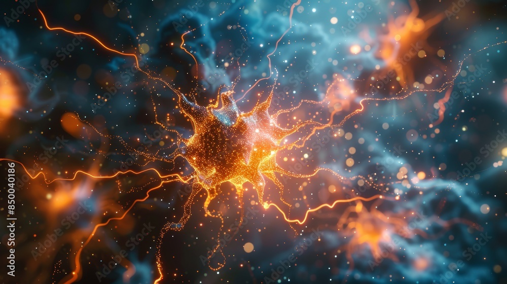 Futuristic neurons firing, surrounded by a storm of detailed atoms, creating an electrifying and intricate visual symphony Futuristic neurons firing, surrounded by a storm of detailed atoms, creating an electrifying and intricate visual symphony