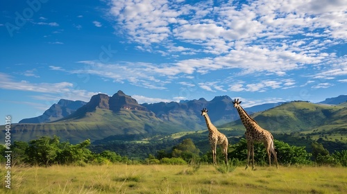 Two giraffes near the forest Drakensberg Mountains in the background  Green vegetation with big animals Wildlife scene from nature Evening light Tshukudu South Africa : Generative AI photo