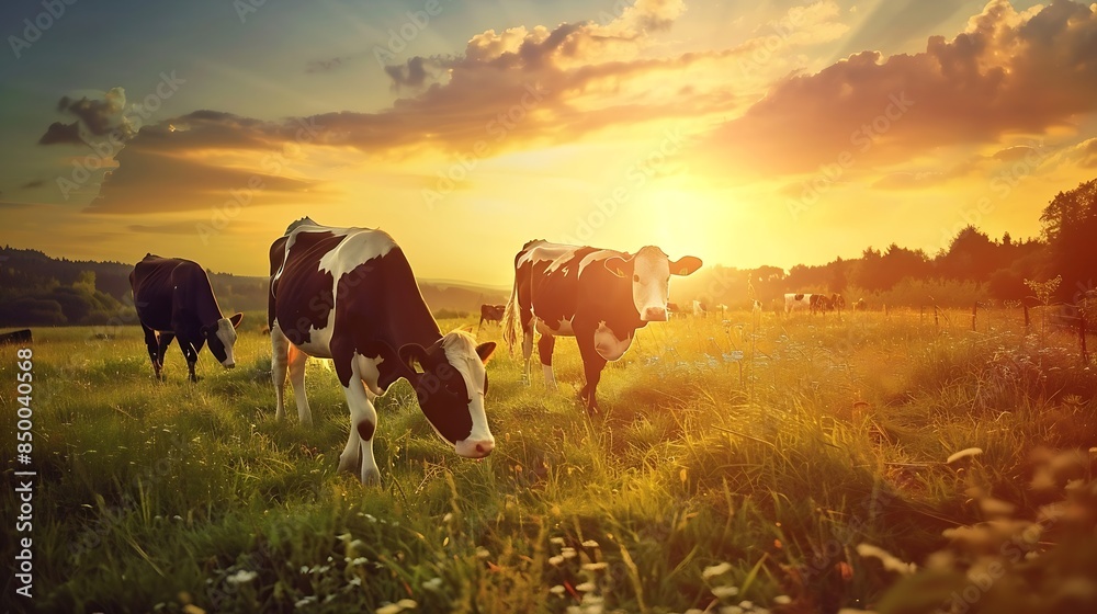 Epic scene of cattle farm livestock of cows going home from meadows pasture in evening Amazing sunset scenery Countryside background Dairy natural bio production : Generative AI Epic scene of cattle farm livestock of cows going home from meadows pasture in evening Amazing sunset scenery Countryside background Dairy natural bio production : Generative AI