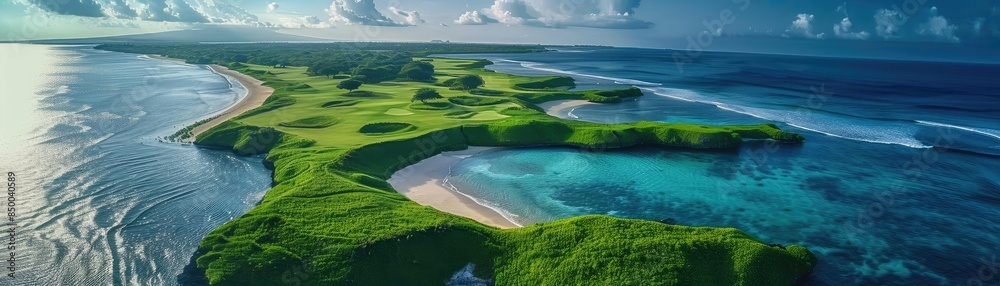 Aerial view of a beautiful green coastline with crystal-clear turquoise waters and sandy beaches under a blue sky. Aerial view of a beautiful green coastline with crystal-clear turquoise waters and sandy beaches under a blue sky.