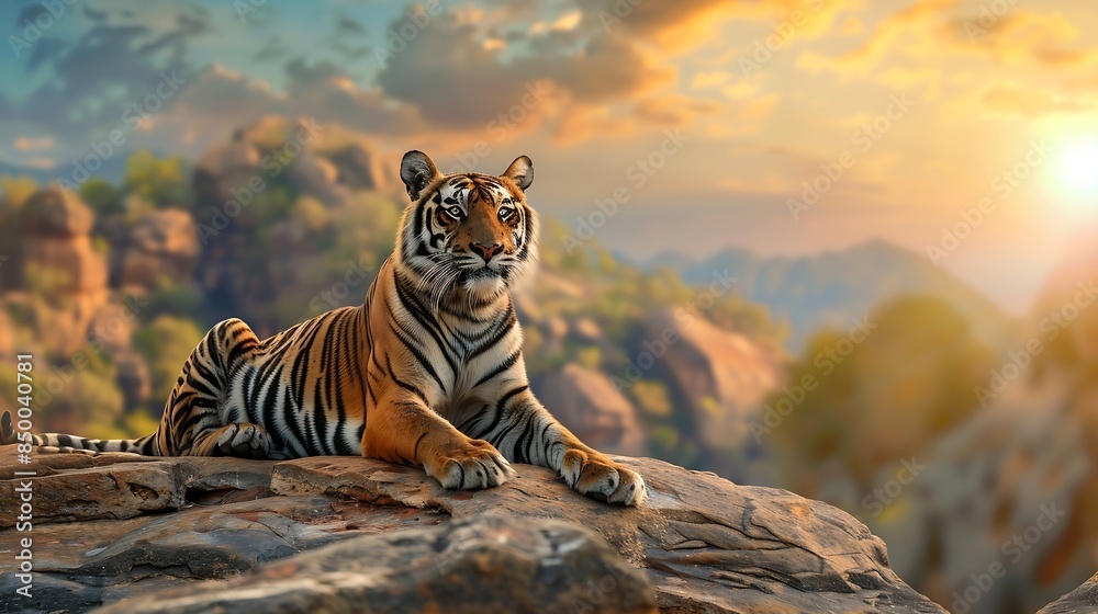Fototapeta premium Royal bengal tiger pose with beautiful background Amazing tiger in the nature habitat Wildlife scene with dangerous beast Hot weather in wild India Panthera tigris tigris : Generative AI