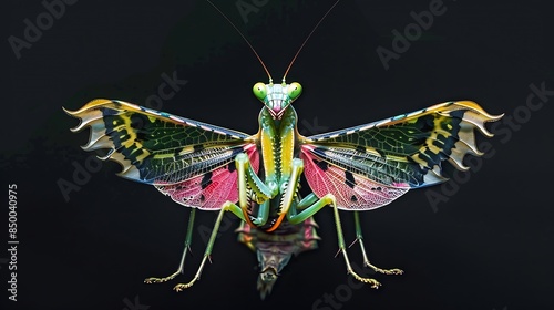 Amazing colorful Pseudocreobotra wahlbergii female Spiny Flower Mantis show wings on black background : Generative AI