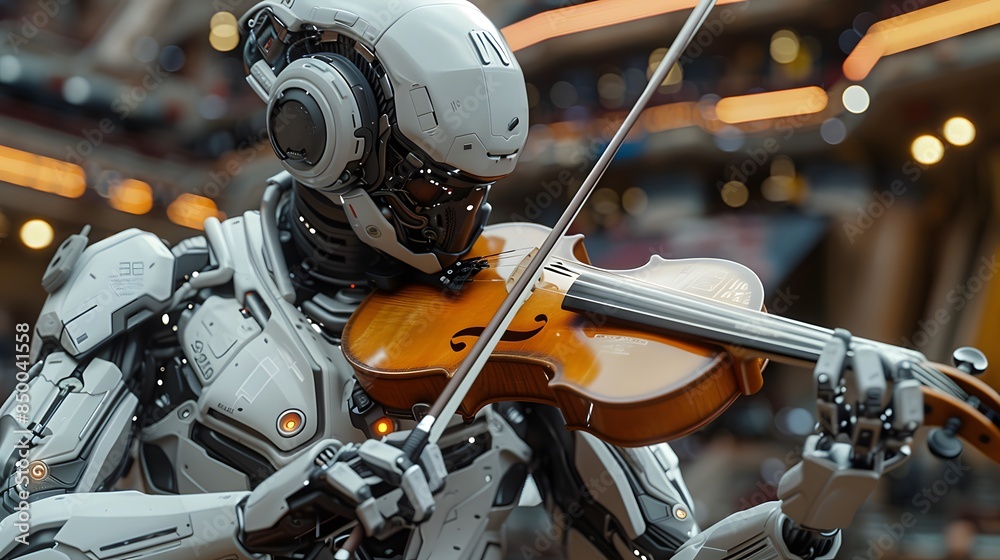 Fototapeta premium A robotic figure with a white helmet plays the violin in a modern city setting, with blurred lights and architectural features in the background.