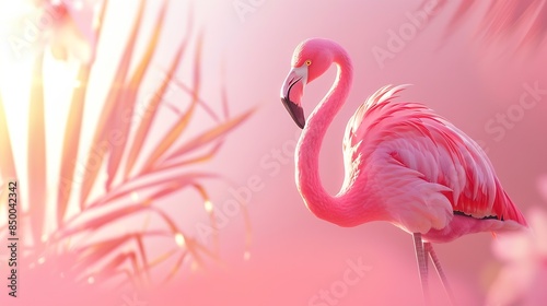 Chilean flamingo Phoenicopterus chilensis with a beautiful pink background Beautiful pink waterfowl with yellow eyes in the morning Wildlife scene Animal protection concept : Generative AI photo