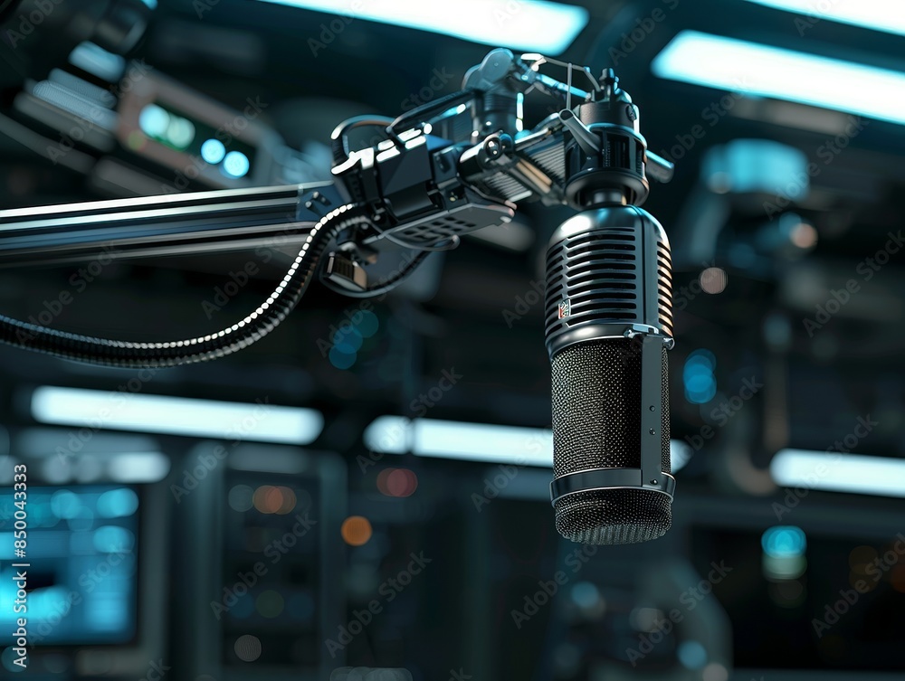 Fototapeta premium High-tech broadcast microphone mounted on a futuristic boom arm, set against a stylish, tech-inspired backdrop