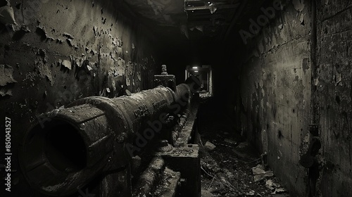 In the depths of an old bunker, a forgotten gun is illuminated by the faint light seeping through cracks in the concrete, surrounded by remnants of a forgotten past