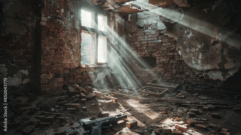 Inside an old bunker, a forgotten gun lies on a dusty floor amidst fallen bricks and broken beams, bathed in eerie light filtering through a shattered window Inside an old bunker, a forgotten gun lies on a dusty floor amidst fallen bricks and broken beams, bathed in eerie light filtering through a shattered window