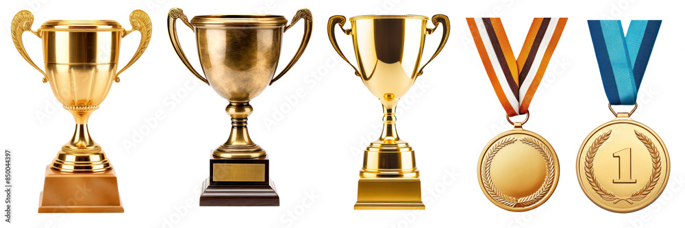 PNG Golden trophies and winner medals set PNG Golden trophies and winner medals set