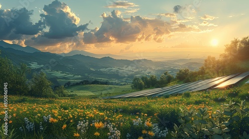 Beautiful sunset over a lush meadow with colorful wildflowers, mountains in the background, and solar panels on the side.