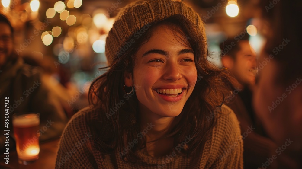 A young woman wearing a cozy beanie, smiling joyfully at a warmly lit cafe filled with a cheerful atmosphere and bokeh background. A young woman wearing a cozy beanie, smiling joyfully at a warmly lit cafe filled with a cheerful atmosphere and bokeh background.