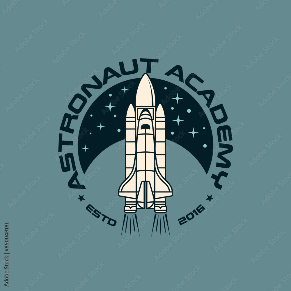 Obraz premium Spaceship Rocket flying spacecraft in the galaxy Vintage Retro Badge logo