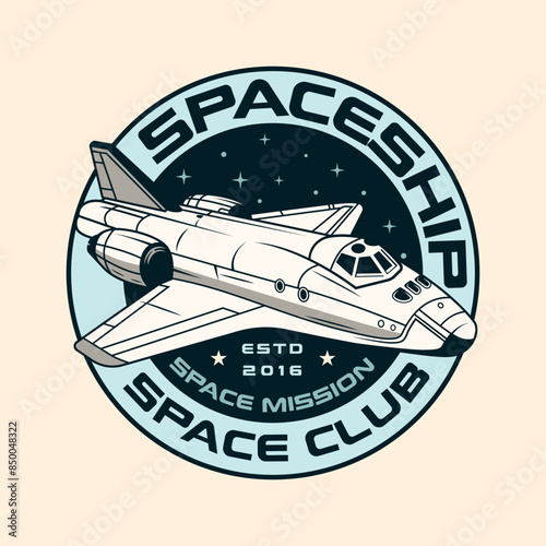 Spaceship Rocket flying spacecraft in the galaxy Vintage Retro Badge logo