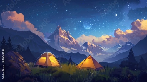 Summer camping in the mountains. Tents in the night with the starry sky and clouds in the background. © Muhammad