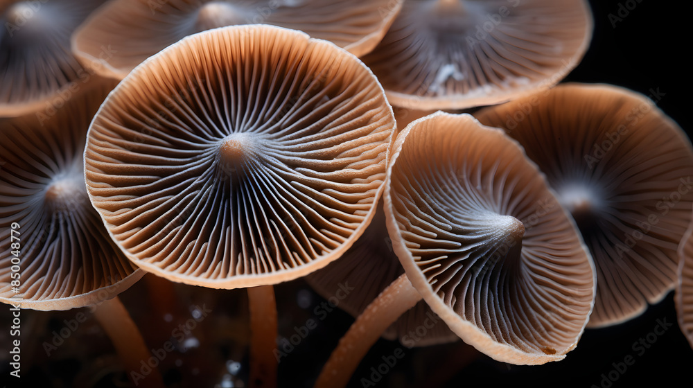 Glowing mushrooms on bark in dark forest with fireflies Glowing mushrooms on bark in dark forest with fireflies