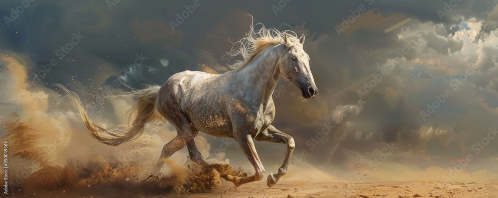 Fototapeta premium A brown horse running freely through a field with dramatic cloudy skies.