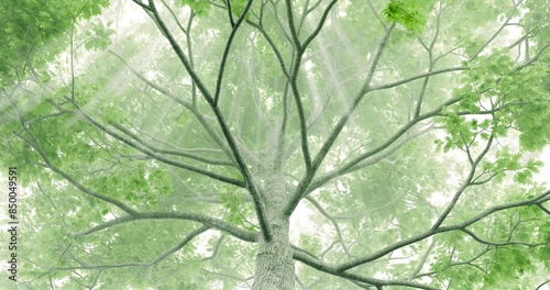 Fototapeta Naklejka Na Ścianę i Meble -  Looking up oak tree. Fresh green in misty air and sunlight filtering through the foliage. 3D rendering.