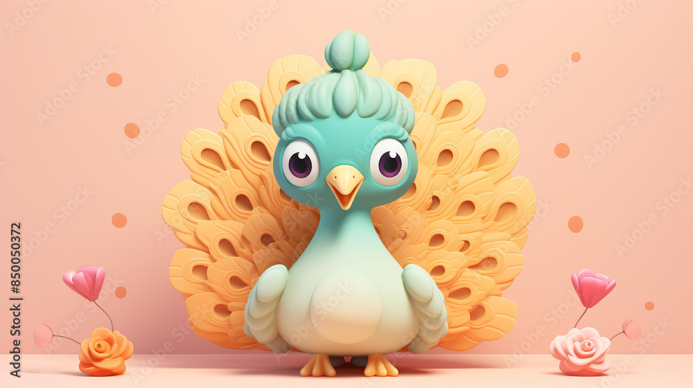 Obraz premium Adorable clay peacock in muted pastels with kawaii vibes, handcrafted from clay with a matte background and subtle gradients.