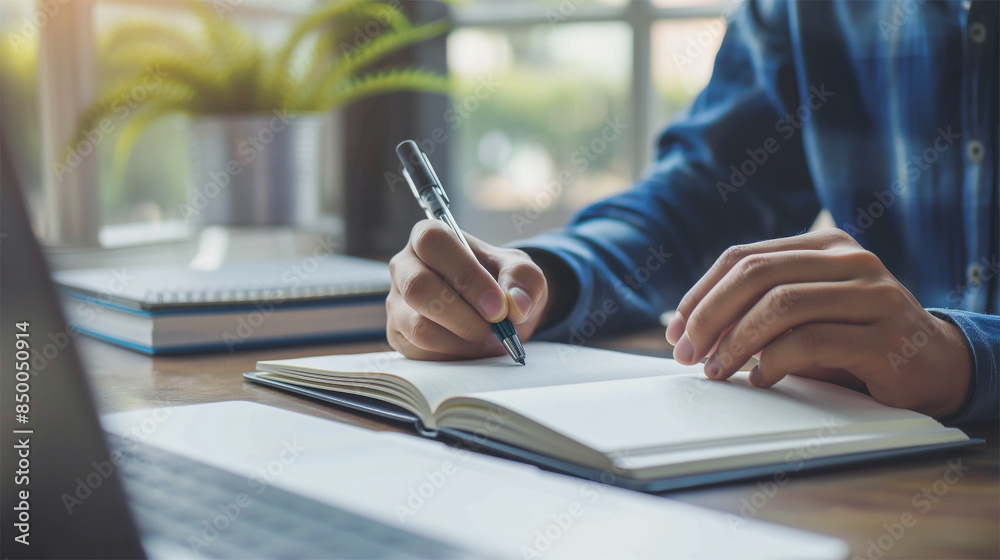 Man hand writing on notebook, work with laptop computer on table at home or office. Man hand writing on notebook, work with laptop computer on table at home or office.