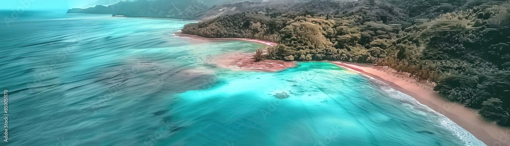 A breathtaking aerial view of a turquoise ocean meeting a lush green coastline and sandy beach on a sunny day. A breathtaking aerial view of a turquoise ocean meeting a lush green coastline and sandy beach on a sunny day.