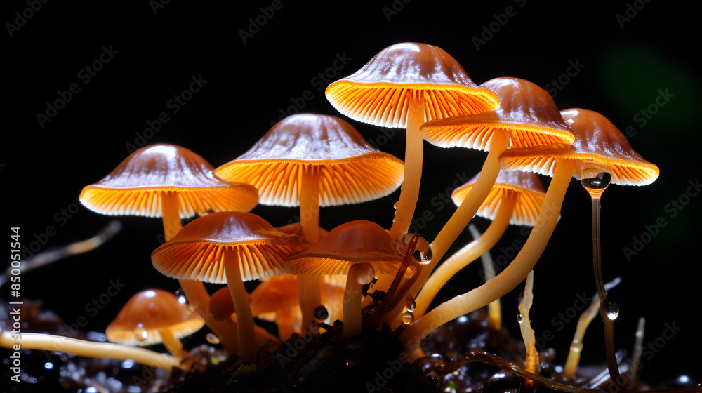 Glowing mushrooms on bark in dark forest with fireflies Glowing mushrooms on bark in dark forest with fireflies
