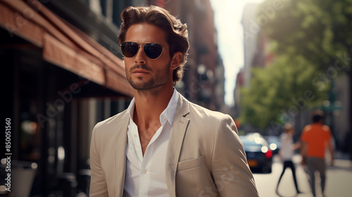 A handsome model wearing sunglasses confidently walking through a bustling city street, captured in high-definition clarity