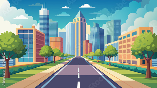 Busy summer street, a road flanked by skyscrapers and trees, straight and bottom view vector illustration