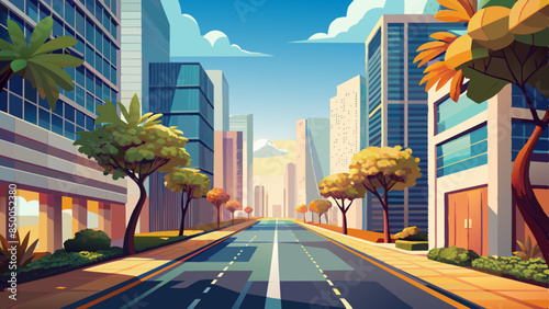 Busy summer street, a road flanked by skyscrapers and trees, straight and bottom view vector illustration