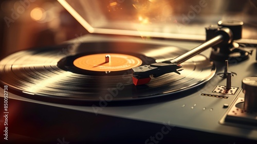 close-up vinyl record player spinning a classic rock album, 