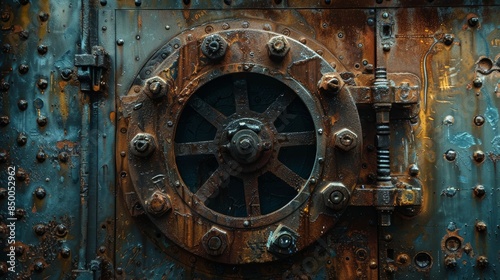 Rusty metal door with intricate gears, submarine interior, dim light reflecting on the metal, showing signs of age and history
