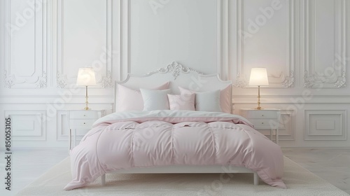 Simple white bedroom, pink girls bed, two elegant lamps, minimalistic style, uncluttered and serene environment, soft lighting
