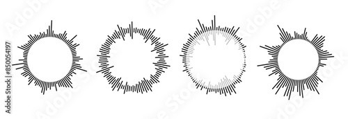 Radial sound wave pattern set. Circular audio, music or voice icon collection. Round wavy equalizer spectrum symbol pack. Black circle sunburst bundle. Vector soundwave elements