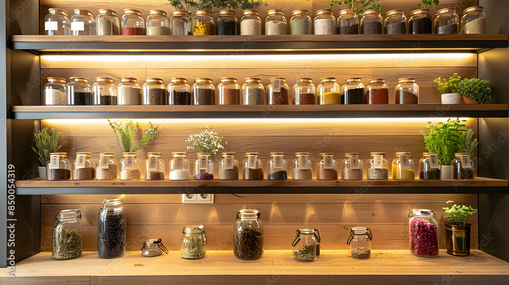 A shelf full of glass jars with various spices and herbs A shelf full of glass jars with various spices and herbs