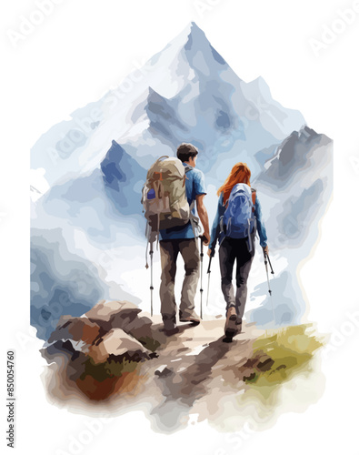Couple man and woman hikers tourists in trekking clothes are walking in mountains	