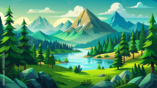 Beautiful panoramic view of the lush summer forest with spruce and pine trees, mountains, and lake