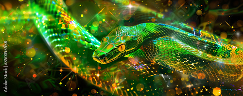 A bright, shining background for a New Year's banner symbolizing the year of the green snake. Snake in holographic rainbow colors - green and gold