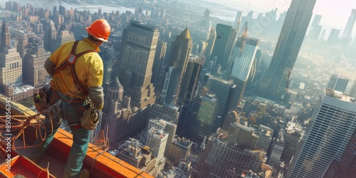 Professional construction worker standing at skyscraper while wearing safety helmet. Skilled civil engineer climbing and walking at tall tower while using safety gear at construction site. AIG42.