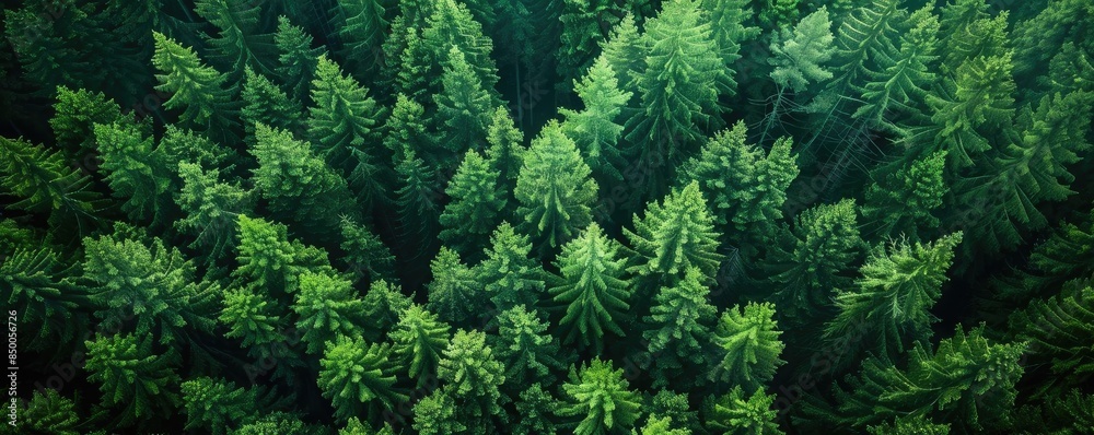 Fototapeta premium Aerial view of a dense forest with lush green pine trees, creating a natural and serene landscape.