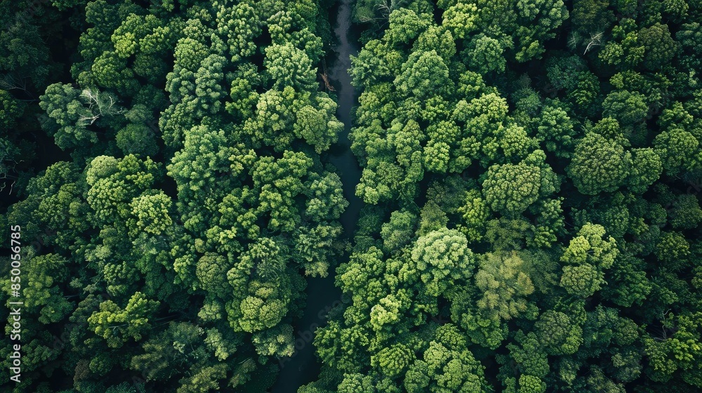 Naklejka premium Aerial view of lush green forest canopy, showcasing dense trees and natural wilderness. Perfect for environmental and nature-related content.