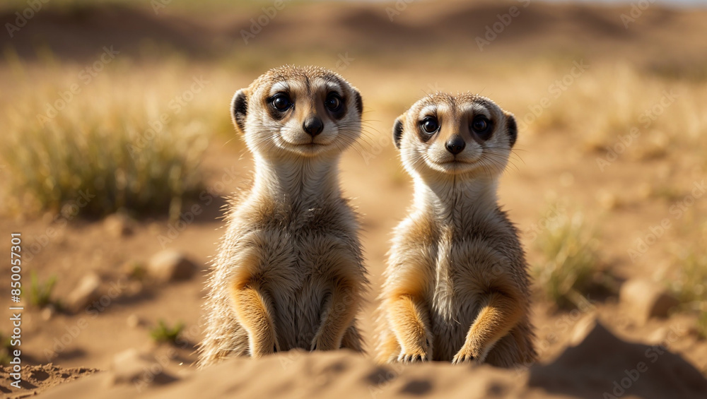 Fototapeta premium The image shows two meerkats sitting upright in the sand, facing the camera. They both have large, dark eyes. There is tall grass behind them