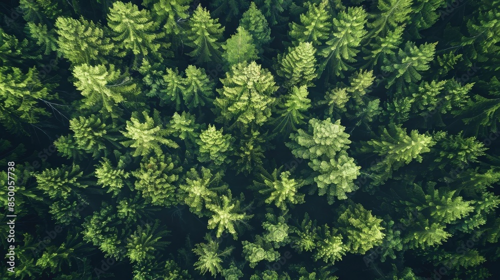Fototapeta premium Aerial view of a dense, lush green forest showcasing the natural beauty and biodiversity of tall, vibrant pine trees in a serene, peaceful environment.