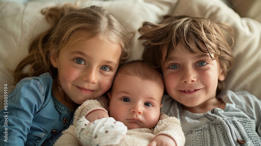 Three smiling children, including a baby, lying down together on a bed, showcasing sibling love and family bond. Three smiling children, including a baby, lying down together on a bed, showcasing sibling love and family bond.