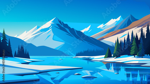 A charming depiction of a mountain range and river captures the essence of the serene natural scenery.