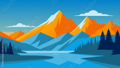 A charming depiction of a mountain range and river captures the essence of the serene natural scenery.