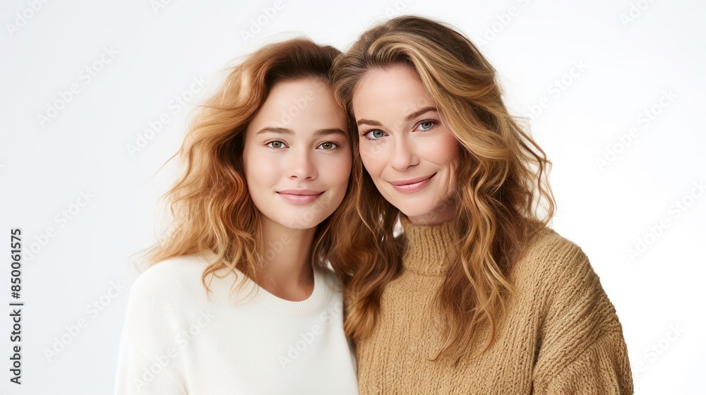 mom with young adult daughter on white background mom with young adult daughter on white background